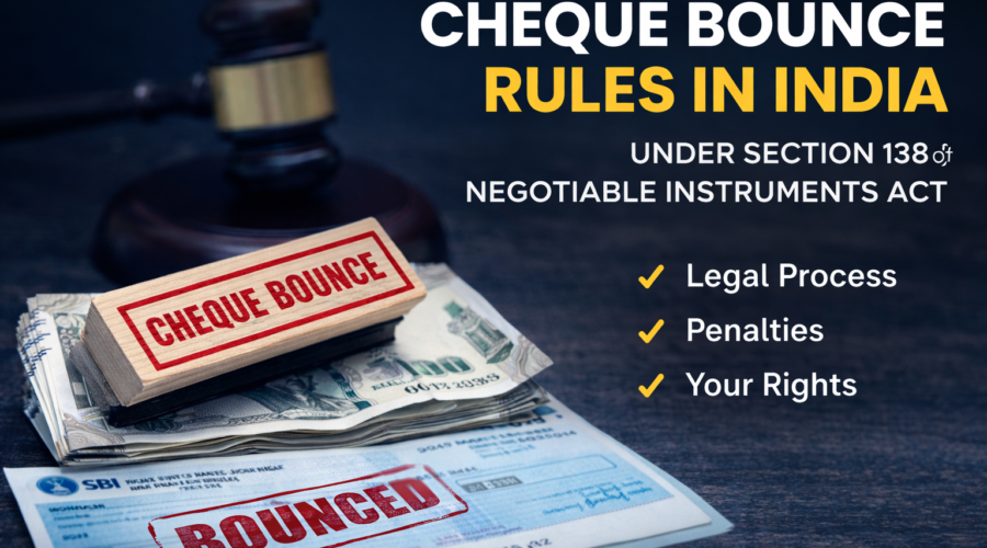 Cheque Bounce Rules in India (2026): Complete Guide to Section 138 of Negotiable Instruments Act, Legal Process, Penalties & Rights.